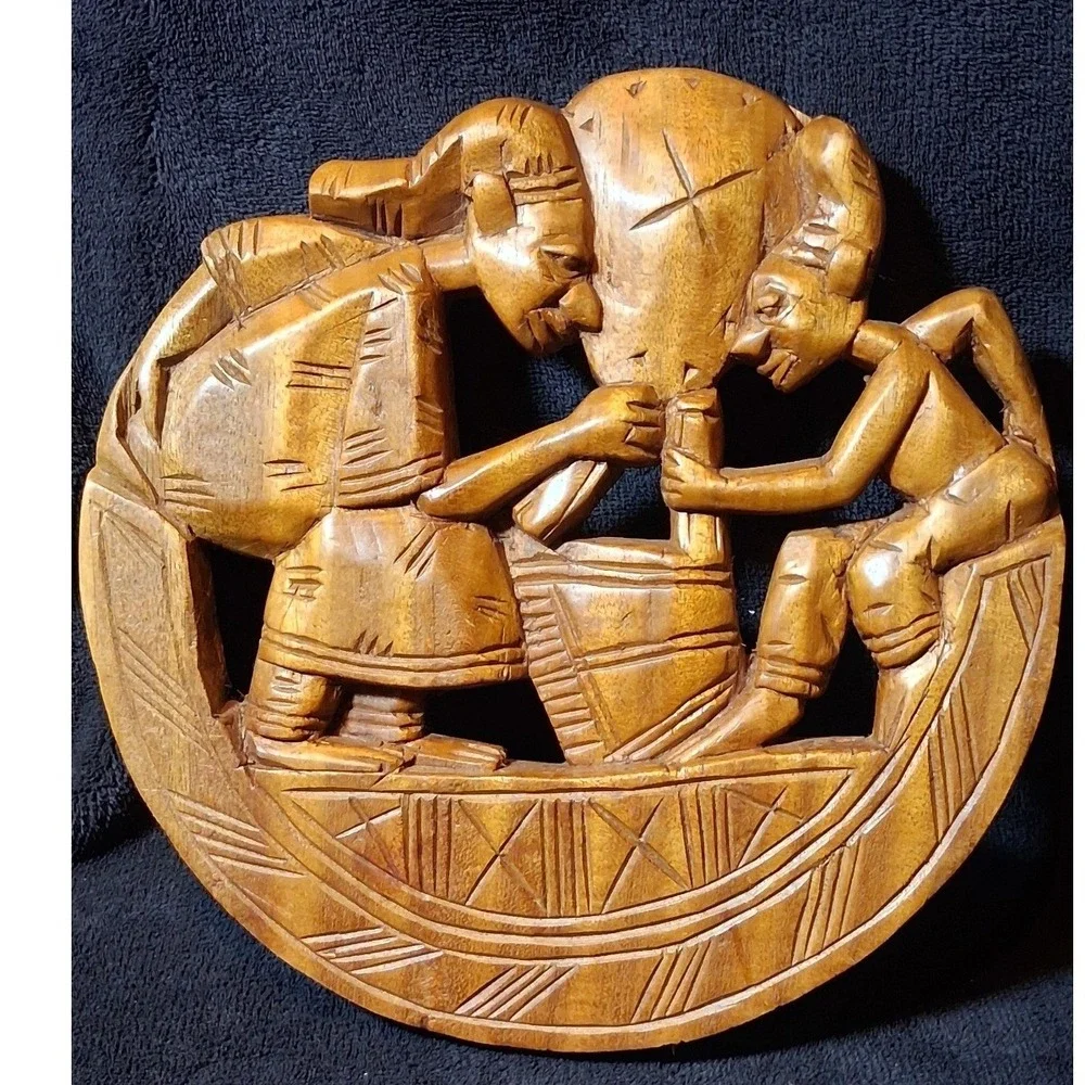 Vintage African Hand Carved Wood Wall Plaque Relief Sculpture Tribal Folk Art